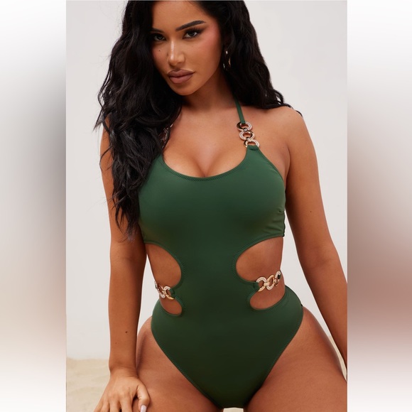 Palm Beach Chain 1 Piece Swimsuit - Olive - Picture 2 of 4